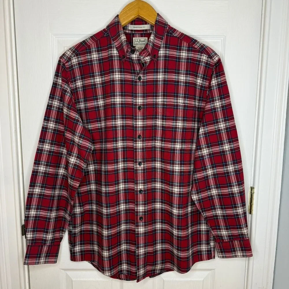 L.L. Bean Red White Blue Scotch Plaid Flannel Shirt Size Medium